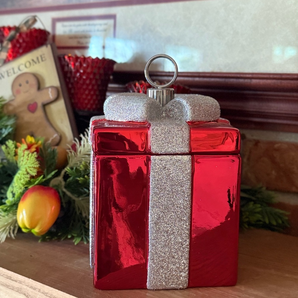 Festive Red Gift Box Ornament with Silver Bow - Holiday Home  Cookie Jar Decor